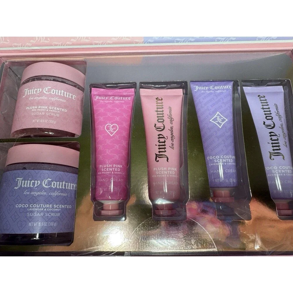 Juicy Couture 6 Piece Self Care Set, 2 Sugar Scrubs 4 Hand Creams Open Box